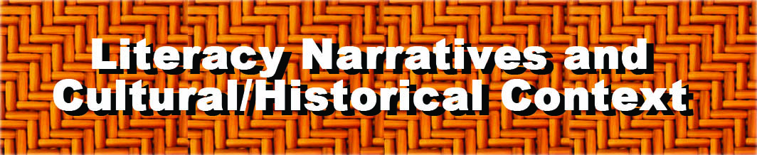 Literacy Narratives and Cultural/Historical Identity (section title) over a photograph of a woven orange pattern